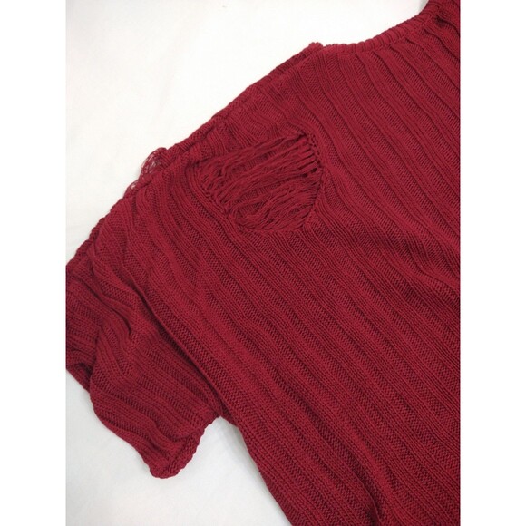 Love J Size M Distressed Cropped Short Sleeve Fringe Thrashed Red Wine Sweater - Picture 10 of 13